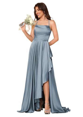 YMSHA Satin Bridesmaid Dresses for Women A Line Halter Side Slit Formal Dress YMS447