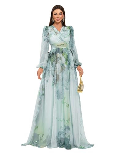Image of TOLEEN Summer Casual Dresses for Women 2024 Spring Fashion Boho V Neck Long Sleeve Ruffle Floral Print Elegant Maxi Dress