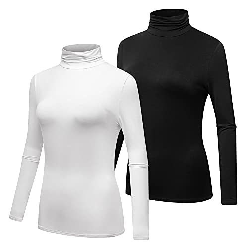 Formeet17 Women’s 2-Pack Long Sleeve Turtleneck T-Shirt Basic Stretchy Layer Comfy High Neck Shirt (X-Large, Black/White) #TOP21