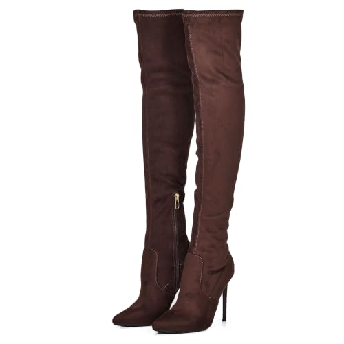 Image of GENSHUO Women's Over the Knee Boots Stiletto Pointed Toe Thigh High Heel | Stretchy Thigh High Long Boots with Side Zipper, Sexy Slim Fit Tall Heeled Boot for Club Party Evening Dress Wear