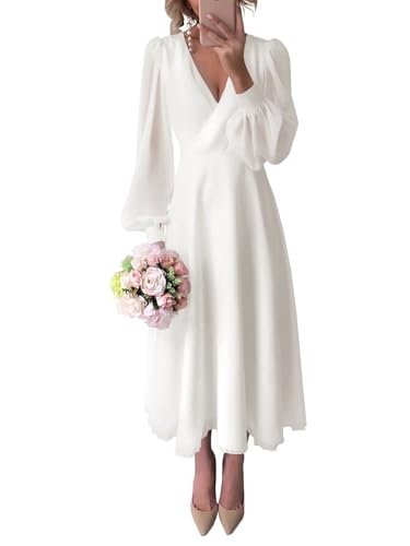 Sougoue Chiffon Bridal Dresses White V Neck Simple Long Sleeves