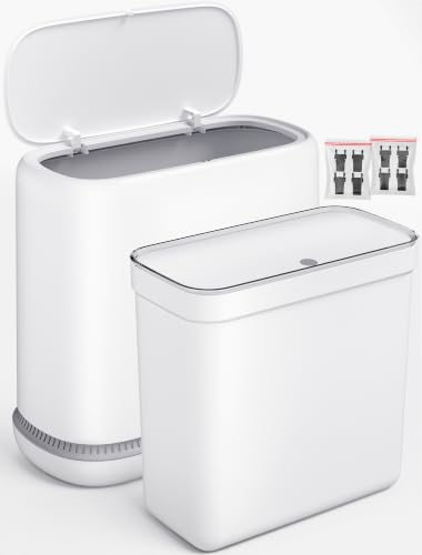 Image of Small Bathroom Trash Can with Lid, Dog Proof Slim Press Top Garbage Can, White Plastic Narrow Waste Basket, for Bathroom Bedroom Office 2 Pack Set with 4.8 Gal and 3.3 Gal