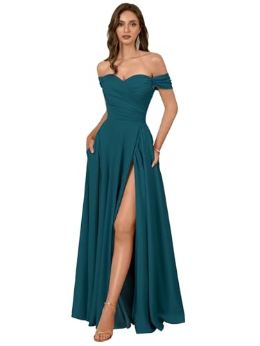 Satin Bridesmaid Dresses Long for Women Off The Shoulder Prom Dresses with Slit A Line Pleated Formal Party Gowns