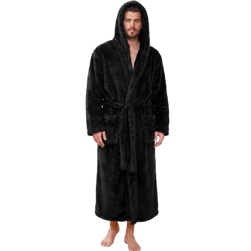 Vulcanodon Bademantel Herren lang Plüsch mit Kapuze flauschig Schwarz L/XL