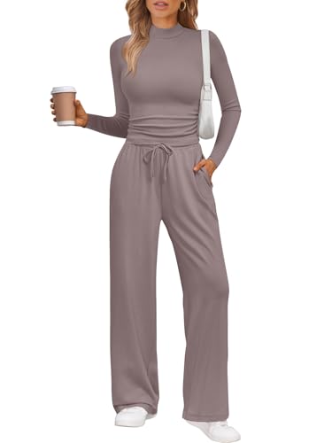 Trendy Queen Womens 2 Piece Matching Lounge Set Mock Turtleneck Top Wide Leg Pants Casual Sweatsuit with Pockets