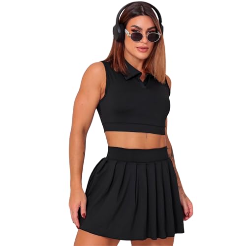Conjunto Fitness Espotivo Com Saia Plissada com Short Interno e Blusa Cropped Gola Polo Para Beach Tennis Academia Yoga Feminino Elegante PREMIUM, Felix Magazine (Tamanho P, Preto)