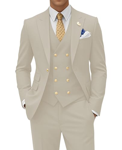 3 Piece Regular Fit Suit for Men Double Breasted Men Suits Gold Buttons Wedding Prom Jacket Vest Pants