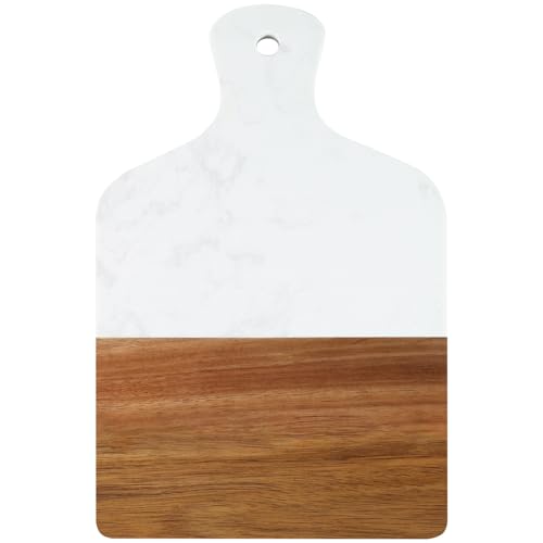 Marble Cutting Board, Charcuterie Board with Handle, Marble and Acacia Tray for steak, cheese, hamburgers and biscuits, Great for gifts (white)