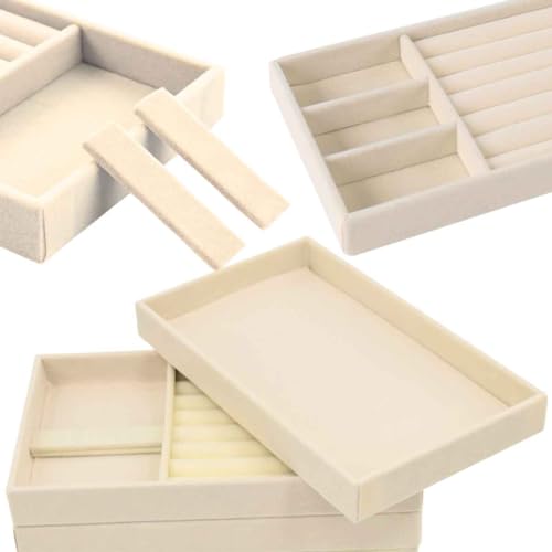 Kit 4 Porta Joias e Bijuterias em Veludo para Organizacao com Divisorias Super Pratico Cor:Bege