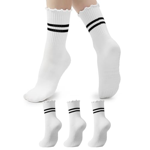 Image of American Trends Pilates Crew Socks for Women with Grips, Non Slip Ruffle Sock for Yoga Barre and Workout