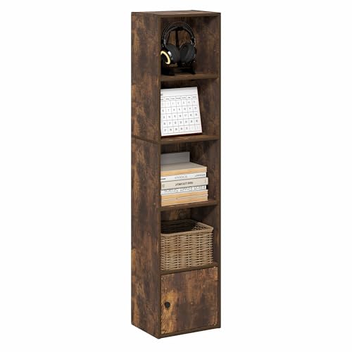 Image of Furinno LUDER Book Shelf, 5-Tier Bookshelf with Open Shelf, Standing Bookcase with 1 Door Cabinet, 9.3 x 12 x 52, for Organization and Storage, for Living Room, Bedroom, Home Office, Amber Pine