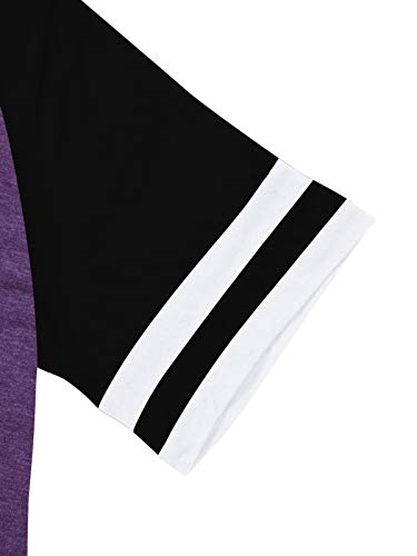 Laslulu Short Sleeve Shirts For Women Color Block Striped Tee Crew Neck Casual Tunic Tops Workout Yoga Athletic T-Shirt Loose Fit Blouses Running Sport Shirts Activewear(Purple Large) #TOP4