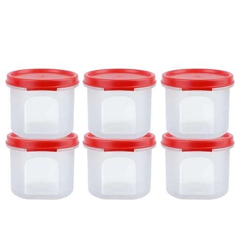 Image of SIMPARTE Smart Slim Storage Air-Tight & Leak Resistant Round Modular Container for Juice, Snacks, Spices, Condiments, Dry Fruits, Stackable, BPA Free, Refrigerator Safe (250ml, Set of 6, Red)