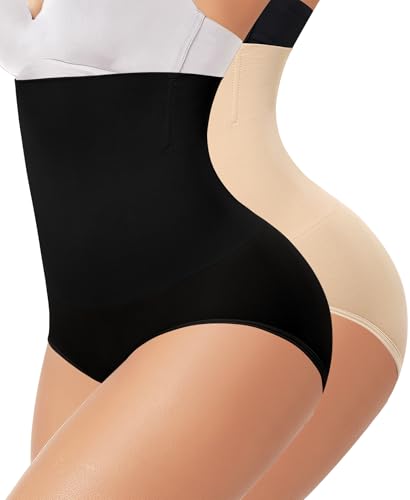 Werena Tummy Control Knickers for Women Seamless High Waisted Shapewear Knickers Slimming Shaping Support Underwear Pants Body Shaper Panties Girdle (Black+Beige,XXL)