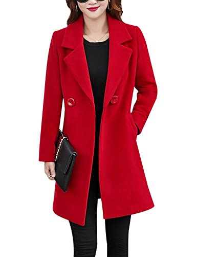 Tanming Womens Elegant Notched Collar Button Wool Blend Solid Long Pea Coat Overcoat (Red-S)