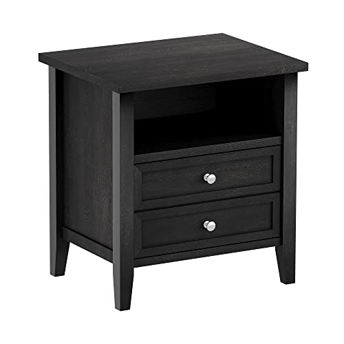 Alkmaar Nightstand With Drawer For Bedroom, Small Dresser With Drawer And Open Storage Shelf, Bedside Furniture With Solid Wood Feet For Living Room, Dorm, Classic Black #TOP4