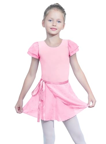 Image of EQSJIU Ballet Leotards for Girls with Removable Skirt Combo Tie Ruffle Sleeve Outfit
