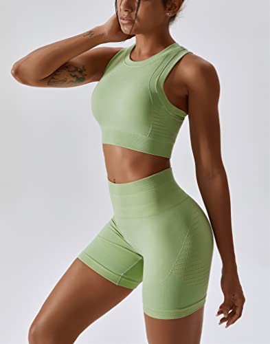Abociw Workout Sets For Women Seamless Racerback Sport Bra Padded Yoga Tank Tops Tummy Control High Waist Biker Shorts Gym Yoga 2 Piece Outfits Light Green Medium #TOP2