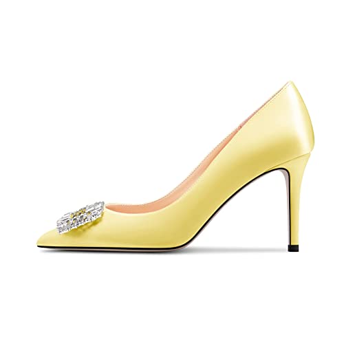 Oisegop Women High Heel Pointed Toe Pumps Slip-On Rhinestone Crystal Prom Dress 3.2 Inches Heels Light Yellow 10.5 M Us #TOP1