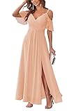 HYEC7 Women's Off Shoulder Chiffon Bridesmaid Dress Long A Line V Neck Slit Formal Evening Dresses for Junior Peach Pink