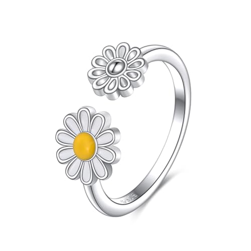 AOBOCO Daisy Open Adjustable Ring 925 Sterling Silver Flower Ring for Women Wedding Statement Finger Rings Comfort Fit Dainty Engagement Birthday Mother's Day Jewelry Gift
