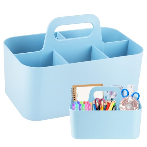 Cesta Organizadora con Asa, Multiusos Almacenaje de Plastico con 5 Compartimentos, Organizador de Escritorio, Multifuncional Cesta Limpieza para Organizar Cosméticos y Material de Oficina (Azul)