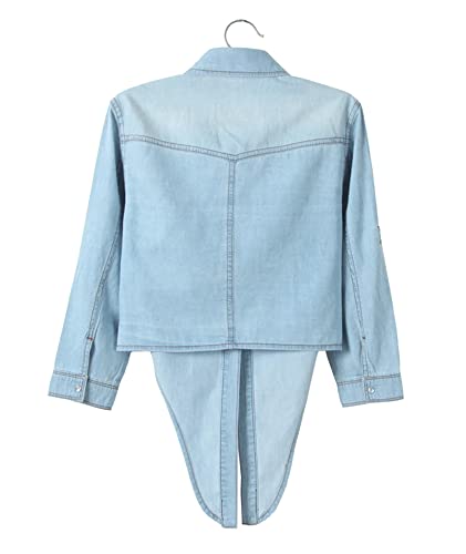 Raboolion Women's denim Crop Jeans Top Roll Up Half Sleeve Shirt Tie Knot Lapel Button Down Jacket Cardigan3