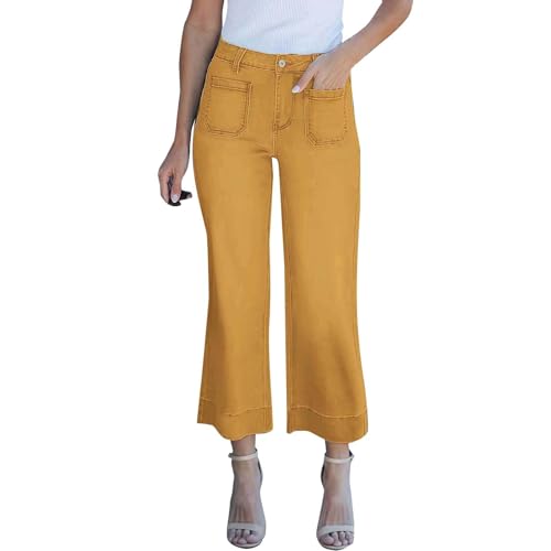 Damen Straight Leg Jeans 7/8,Mittelhoher Bund,Stretch,Ausfranster Schlaghose Mit Taschen,Gerades Bein,Baggy Jeanshose,Einfarbig Denim-Hose,Baggy Hohe Taille Schlagjeans,Sommerhose,Freizeithose
