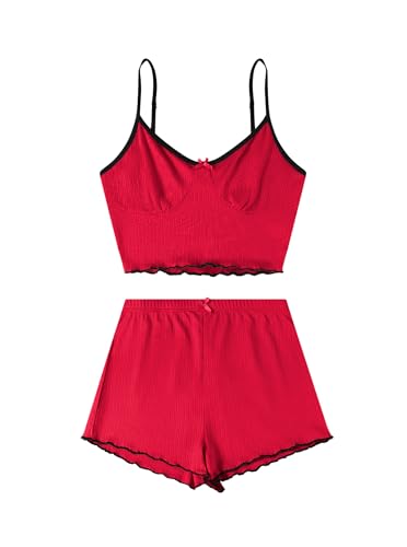 Image of Hilinker Womens Graphic Print Ribbed PJ Set Crop Cami Tops and Shorts Cute Pajamas Set