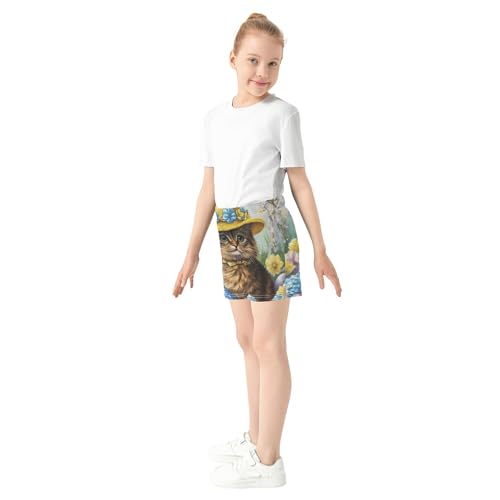 Girls Cute Easter Cat Yellow Hat Lounge Shorts Kids Floral Print Athletic Summer Pajama Shorts, X-Small4
