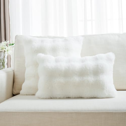 FUTEI Cream White Decorative Throw Pillow Covers 18x18 Inch Set of 2,Soft Fuzzy Faux Rabbit Fur Cushion Covers with Raised Texture,Neutral Boho Home Decor for Couch Bed Living Room