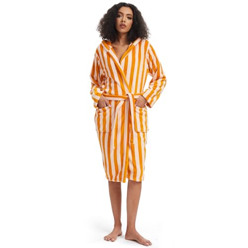 Retro Terry Striped Robes For Women Cotton Kimono Towel Terry Cloth Bathrobe Knee High Length