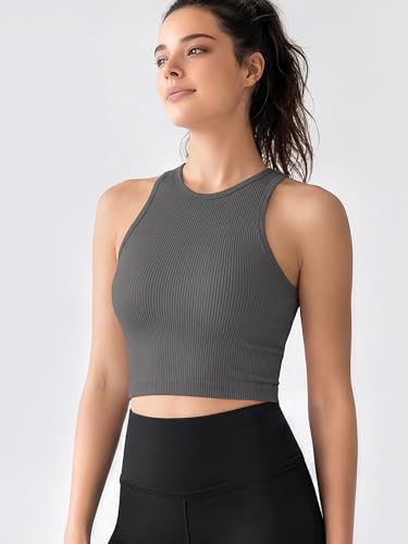 Image of ODODOS 3-Pack Seamless Crop Tank for Women Ribbed Soft High Neck Cropped Tops