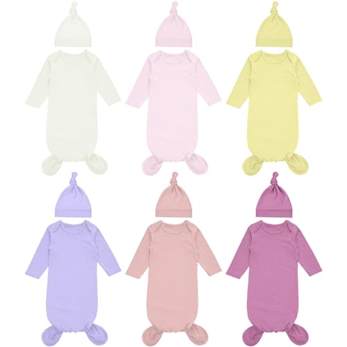 Image of Cuffbow 6 Packs Newborn Baby Knotted Gowns Set 0-6 Months Cotton Sleeper Long Sleeve Nightgown and Hat Set for Infant Baby