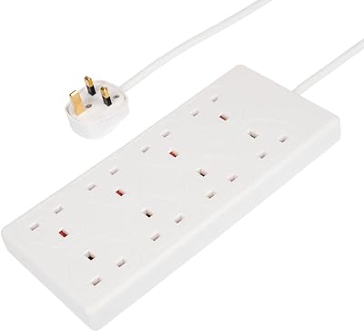Invero® 8 Way Gang Power Mains Extension Lead 2M Metre Cable British Approved 13A Amps – White