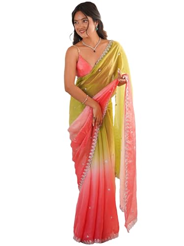 Image of AKHILAM Women's Shimmer Satin Sequence Embroidery Saree With Unstitched Blouse Piece(AARYAN21701 KR Parent)