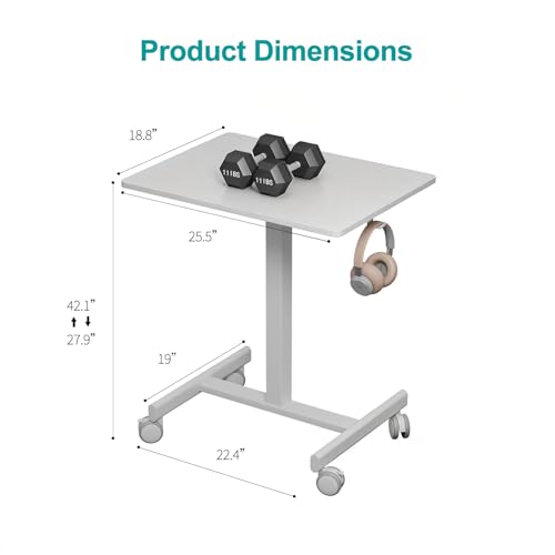Image of Mobile Standing Desk on Wheels, Pneumatic Height Adjustable, White