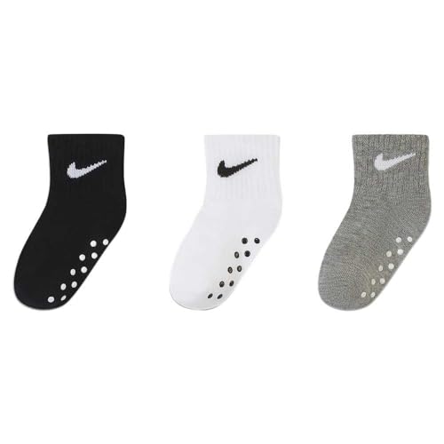 NIKE Children's Apparel Baby Ankle Gripper Socks (3 Pairs), Black/White/Grey, 12/24M