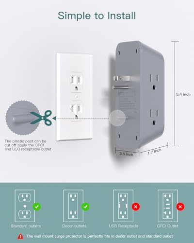 Image of Addtam Surge Protector Outlet Extender, Multi Plug Wall Outlet with 4 USB Ports(PD 20W), 3-Sided 1800J Power Strip Plug Extension Outlet Splitter, Gray
