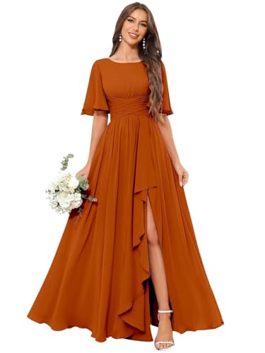 OFEECHUN Flutter Sleeve Chiffon Bridesmaid Dresses for Women with Slit A Line Ruffle Formal Wedding Guest Dress with Pockets