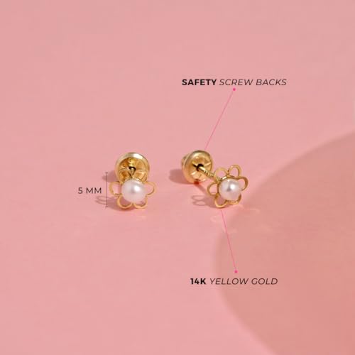 14k Yellow Gold 5mm Cultured Pearl Flower Screw Back Earrings for Little Girls, Floral Stud Earrings for Infants, Toddlers & Young Girls - Tiny Flowers Stud for Kids4