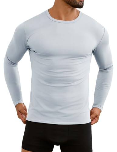 URRU Thermal Shirts for Men Long Sleeve Fleece Lined Crewneck Thermal Underwear Tops Base Layer Stretchy Cold Weather Grey L
