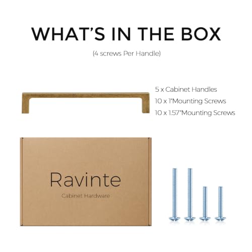 Image of Ravinte Antique Brass Kitchen Cabinet Solid Handles,6-1 /4 Inch,5 Pack | Solid Zinc Alloy, Modern Slim Style, Square Design, Deep-Thread Firm Base, Screws Included, for Kitchen Drawers & Cupboards