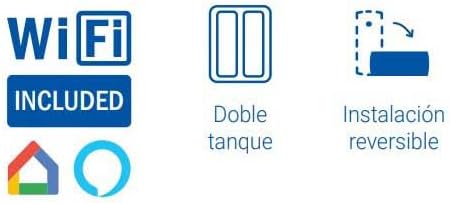 Icons showing WiFi included, double tank, and reversible installation features of the HTW Koi Duo water heater.