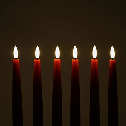 Image of Rhytsing 29cm Flameless Taper Candles with Timer, Battery Operated Dinner Table Long Candlestick Rustic Wax, Warm White LED, 2 Remotes Included - Set of 6 (Red)