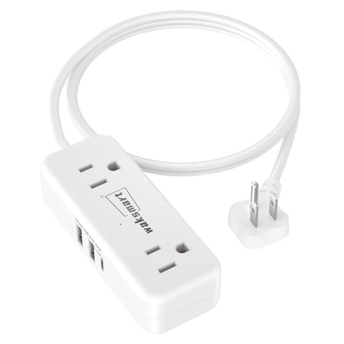 Flat Plug Extension Cord 3 Feet with 4 AC Outlets 3 USB Ports (5V/3.4A 17W) Flat Plug Power Strip Compact for College Dorm Travel Home White