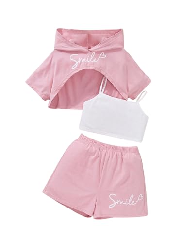 Image of SweatyRocks Girl's 3 Piece Outfits Letter Print Short Sleeve Hooded Tops and Cami Tops with Shorts Set