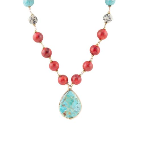 Barse Jewelry Blue and Red Turquoise Teardrop Golden Necklace