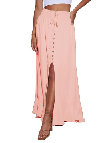Image of Minclouse Women's Elastic Tie Waist Button Down Maxi Skirts Casual Loose Flowy Swing Slit Front Dress
