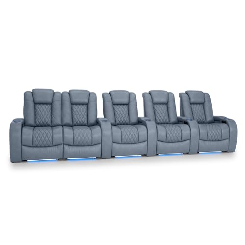 Image of Seatcraft Diamante Smokey Blue Italian Leather Home Theater Seating, Zero Gravity Power Recliner, Gaming and Home Office Chair, Powered Headrest Furniture for Cinema Room, Row of 5 Left Loveseats